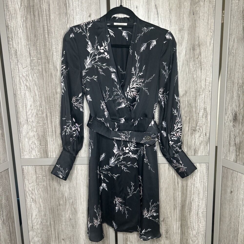 Equipment Mini Dress Black Floral Wrap Long Sleeves Belted Size 0